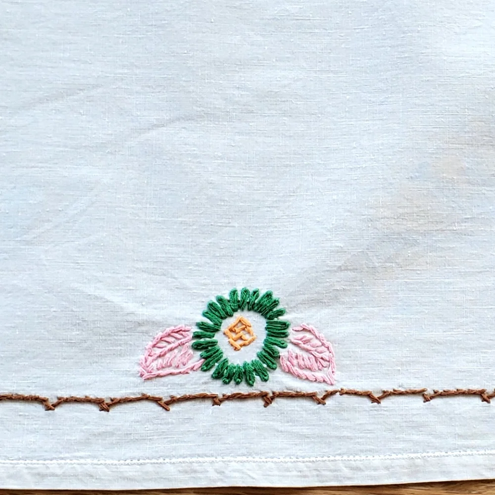 Vintage Handcrafted Needlepoint Flowers Table Runner, Crochet Edge, 37